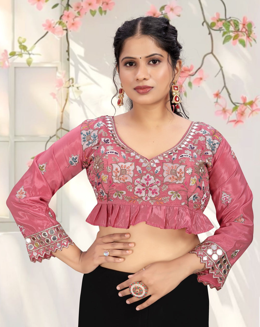 LUBA Women Embroidered Mirror Work V - Neck Ruffle Crop Blouse Lavender - LUBA