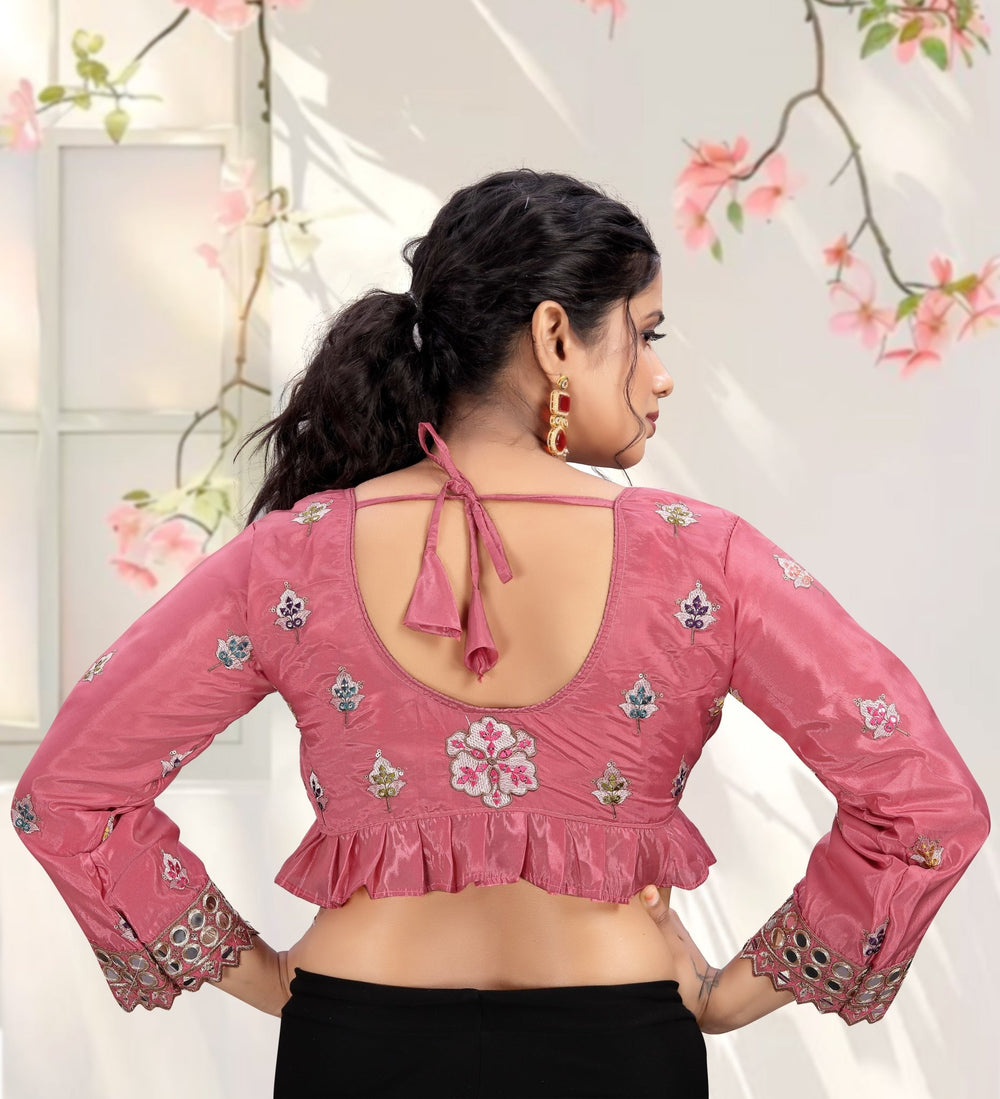 LUBA Women Embroidered Mirror Work V - Neck Ruffle Crop Blouse Lavender - LUBA