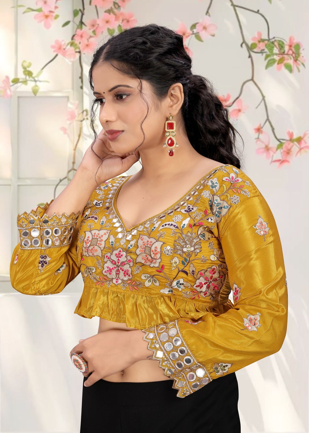 LUBA Women Embroidered Mirror Work V - Neck Ruffle Crop Blouse Mustard Yellow - LUBA