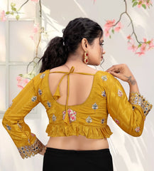 LUBA Women Embroidered Mirror Work V - Neck Ruffle Crop Blouse Mustard Yellow - LUBA