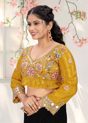 LUBA Women Embroidered Mirror Work V - Neck Ruffle Crop Blouse Mustard Yellow - LUBA