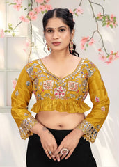 LUBA Women Embroidered Mirror Work V - Neck Ruffle Crop Blouse Mustard Yellow - LUBA