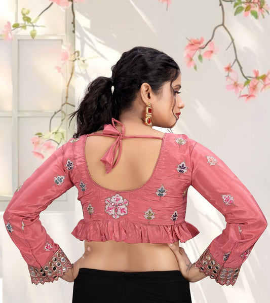 LUBA Women Embroidered Mirror Work V - Neck Ruffle Crop Blouse Peach Pink - LUBA