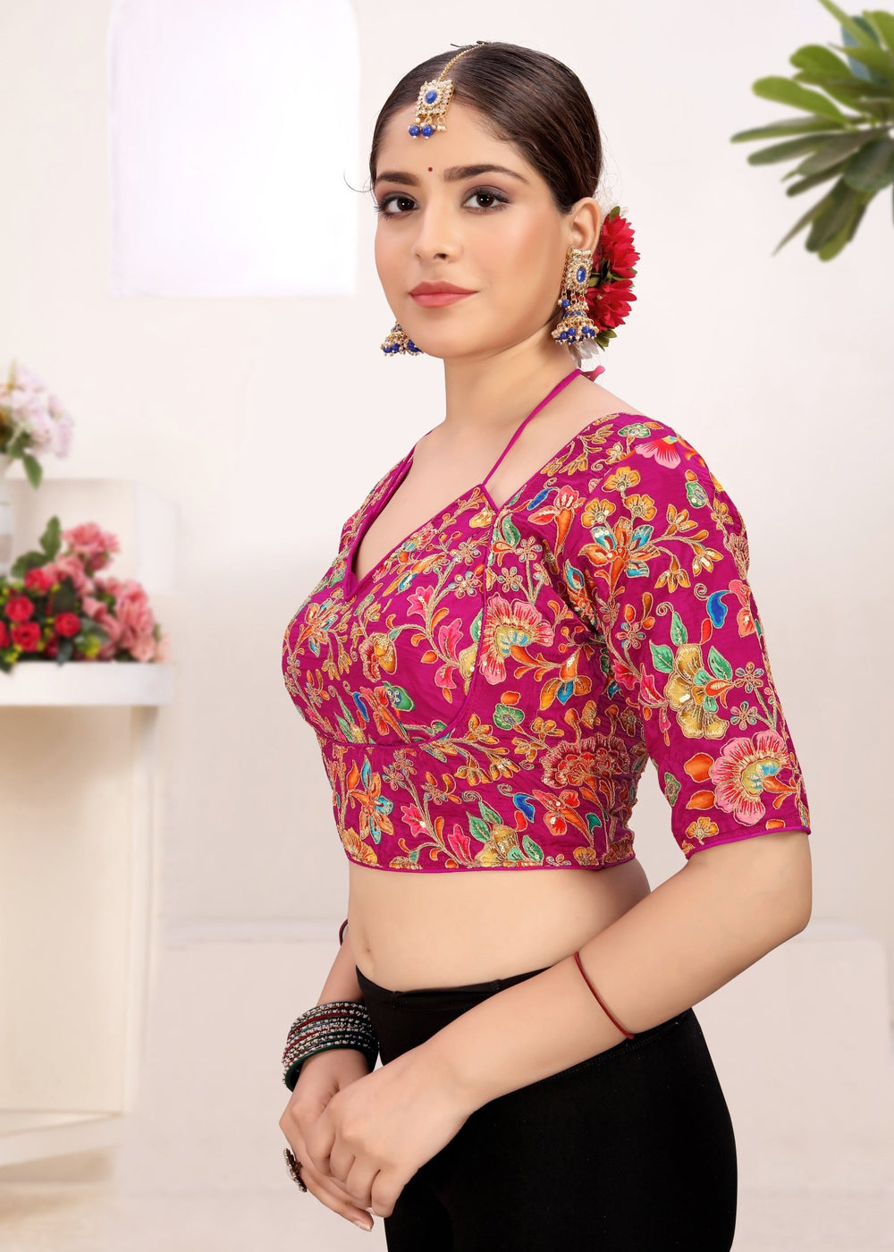 LUBA Women Embroidered Mirror Work V - Neck Ruffle Crop Blouse Pink - LUBA