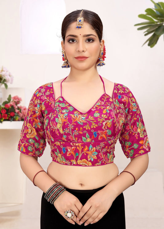 LUBA Women Embroidered Mirror Work V - Neck Ruffle Crop Blouse Pink - LUBA