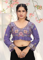 LUBA Women Embroidered Mirror Work V - Neck Ruffle Crop Blouse Purple - LUBA