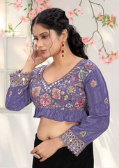 LUBA Women Embroidered Mirror Work V - Neck Ruffle Crop Blouse Purple - LUBA