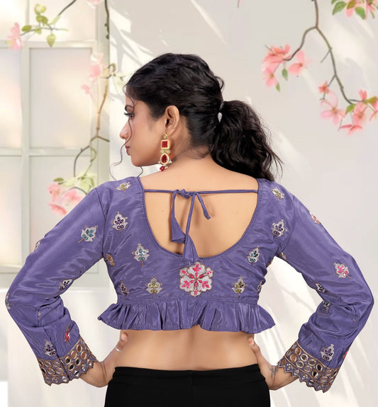 LUBA Women Embroidered Mirror Work V - Neck Ruffle Crop Blouse Purple - LUBA