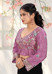 LUBA Women Embroidered Mirror Work V - Neck Ruffle Crop Blouse Rani Pink - LUBA