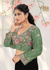 LUBA Women Embroidered Mirror Work V - Neck Ruffle Crop Blouse Teal Green - LUBA