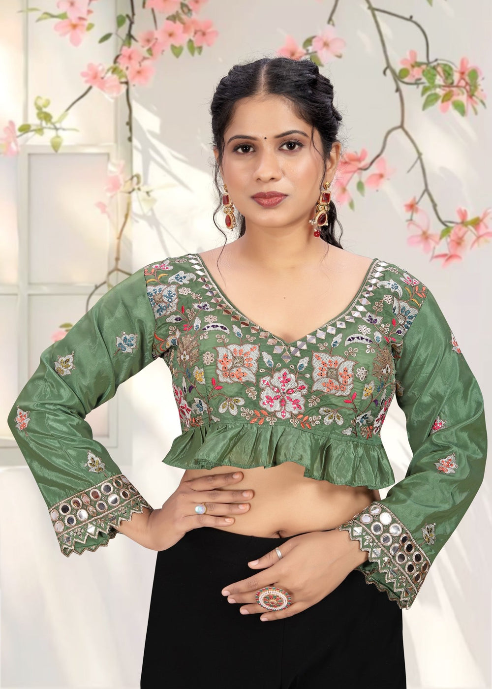 LUBA Women Embroidered Mirror Work V - Neck Ruffle Crop Blouse Teal Green - LUBA