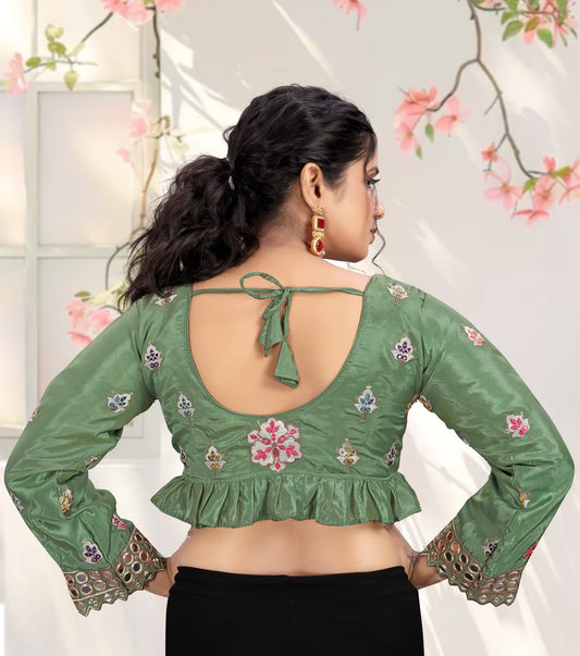 LUBA Women Embroidered Mirror Work V - Neck Ruffle Crop Blouse Teal Green - LUBA