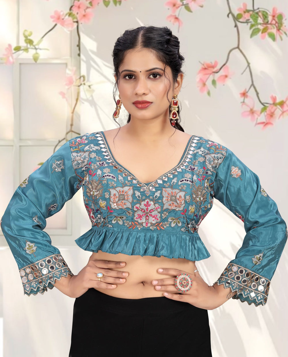 LUBA Women Embroidered Mirror Work V - Neck Ruffle Crop Blouse Turquoise Blue - LUBA