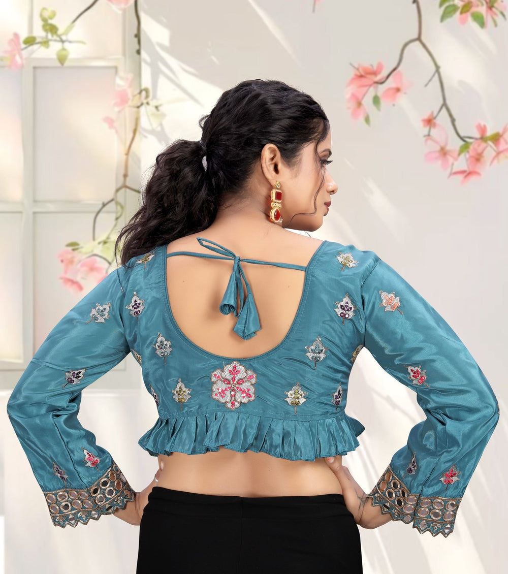 LUBA Women Embroidered Mirror Work V - Neck Ruffle Crop Blouse Turquoise Blue - LUBA