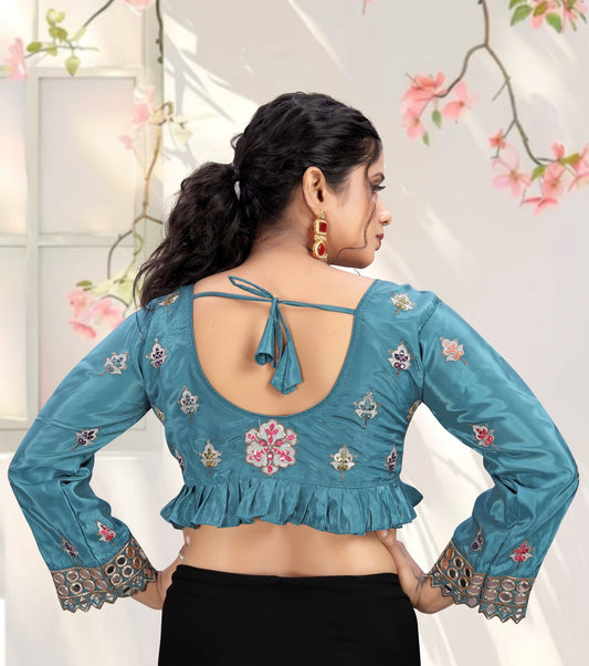 LUBA Women Embroidered Mirror Work V - Neck Ruffle Crop Blouse Turquoise Blue - LUBA