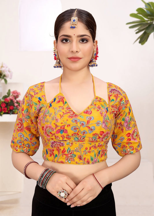 LUBA Women Embroidered Mirror Work V - Neck Ruffle Crop Blouse Yellow - LUBA