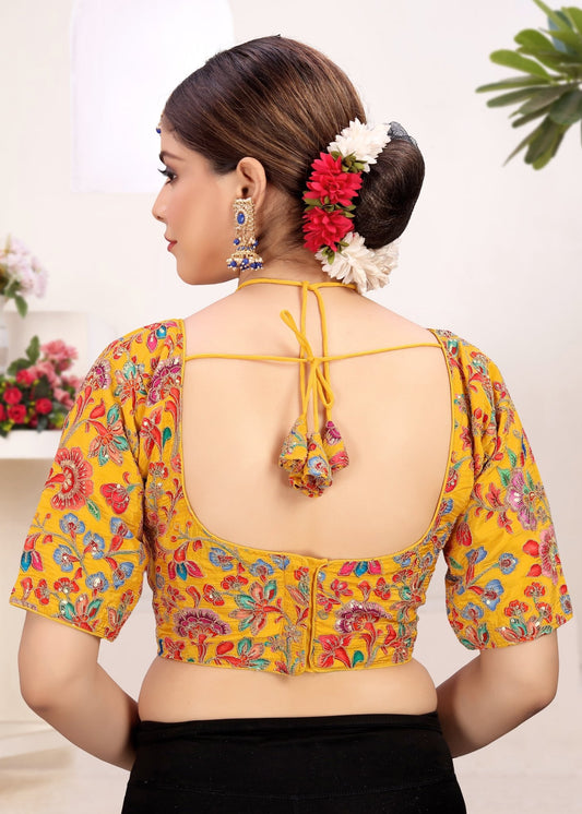 LUBA Women Embroidered Mirror Work V - Neck Ruffle Crop Blouse Yellow - LUBA