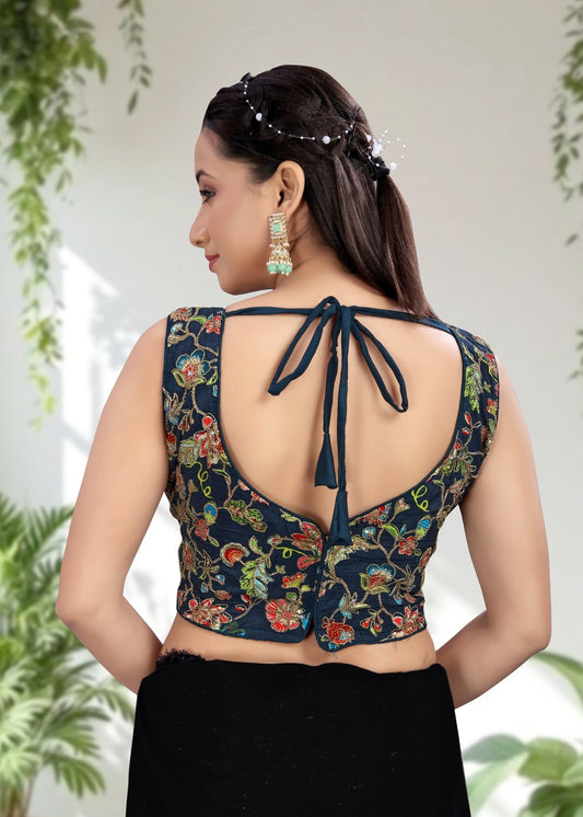 NAVY BLUE | NATURAL CREPE | POSITION PRINT WORK BLOUSE - LUBA