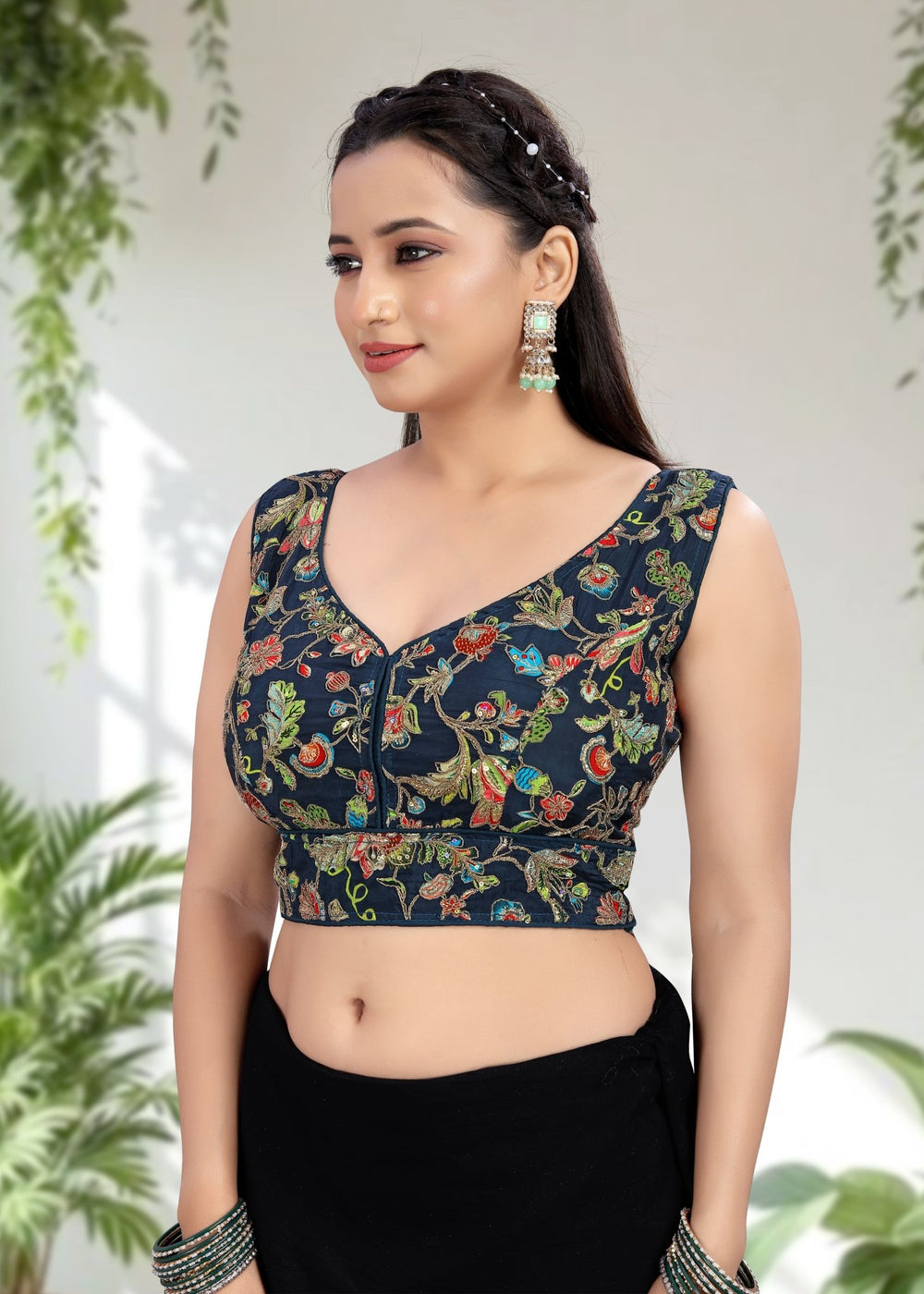 NAVY BLUE | NATURAL CREPE | POSITION PRINT WORK BLOUSE - LUBA