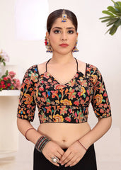 Neutral Crepe Embroidered Blouse with Placement Floral Print - LUBA