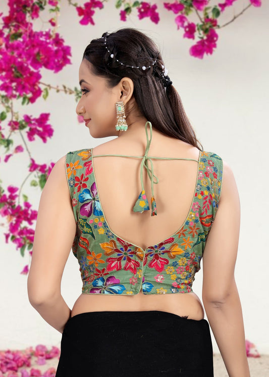 PISTA GREEN | NATURAL CREPE | POSITION PRINT WORK BLOUSE - LUBA