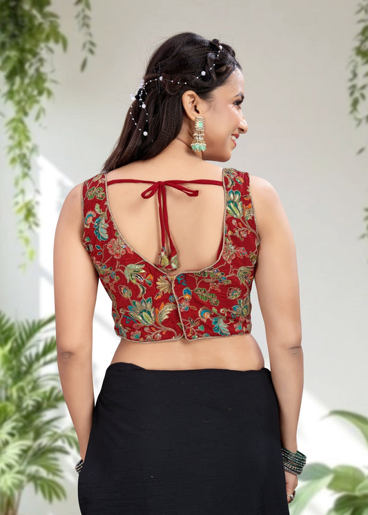 RED | NATURAL CREPE | POSITION PRINT WORK BLOUSE - LUBA